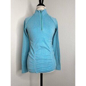 Athleta Fastest Track Half Zip Ruched Shirt Womens Size S Turquoise Thumb Holes